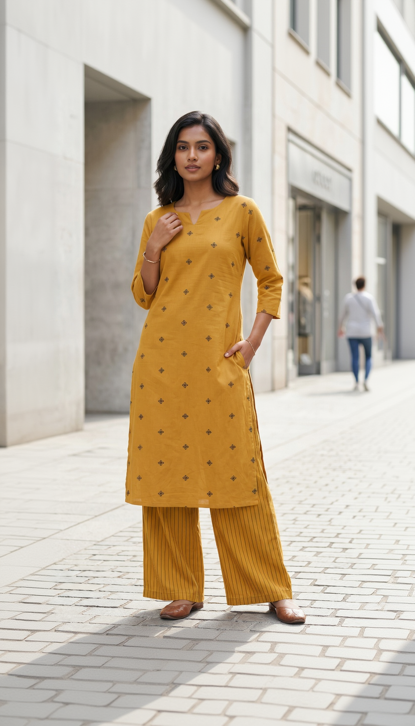 Handloom Jamdhani Mustard Cotton Kurta Set – Intricate Green Motifs with Striped Palazzos