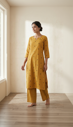 Handloom Jamdhani Mustard Cotton Kurta Set – Intricate Green Motifs with Striped Palazzos