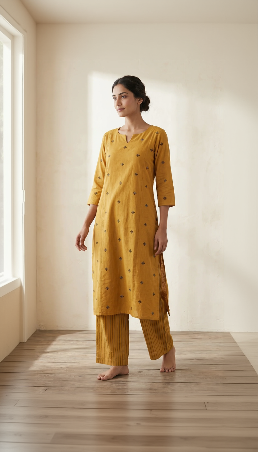Handloom Jamdhani Mustard Cotton Kurta Set – Intricate Green Motifs with Striped Palazzos