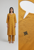 Handloom Jamdhani Mustard Cotton Kurta Set – Intricate Green Motifs with Striped Palazzos
