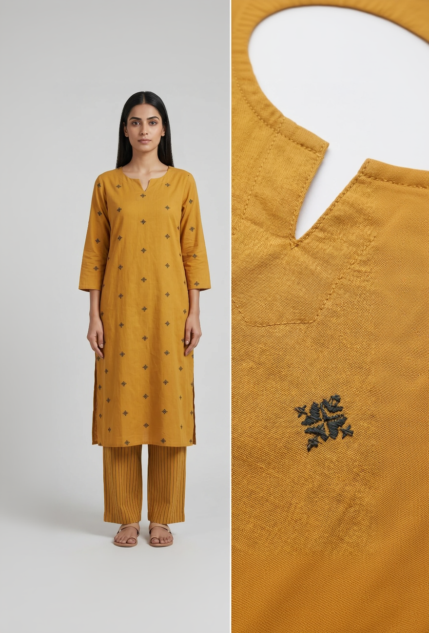 Handloom Jamdhani Mustard Cotton Kurta Set – Intricate Green Motifs with Striped Palazzos