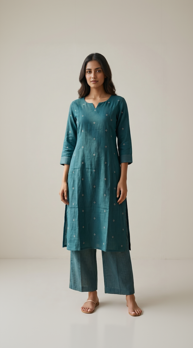 Handloom Jamdhani Teal Blue Cotton Kurta Set – Delicate White Motifs with Striped Pants