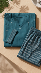Handloom Jamdhani Teal Blue Cotton Kurta Set – Delicate White Motifs with Striped Pants