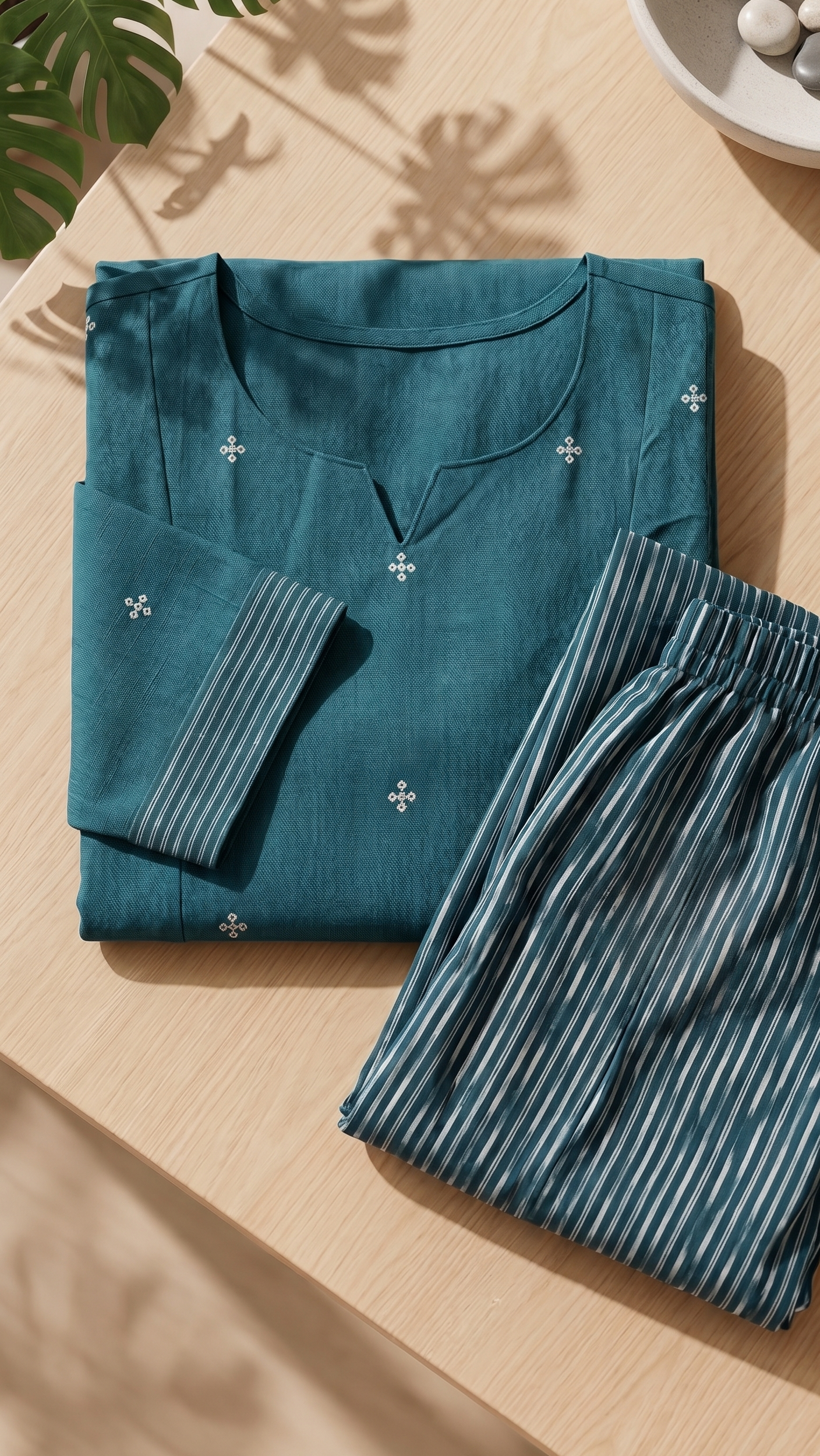 Handloom Jamdhani Teal Blue Cotton Kurta Set – Delicate White Motifs with Striped Pants