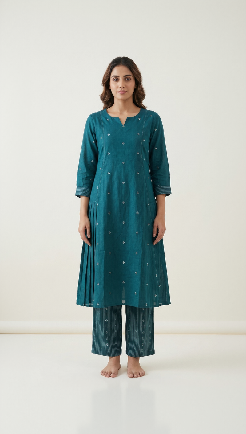 Handloom Jamdhani Teal Blue Cotton Kurta Set – Delicate White Motifs with Striped Pants