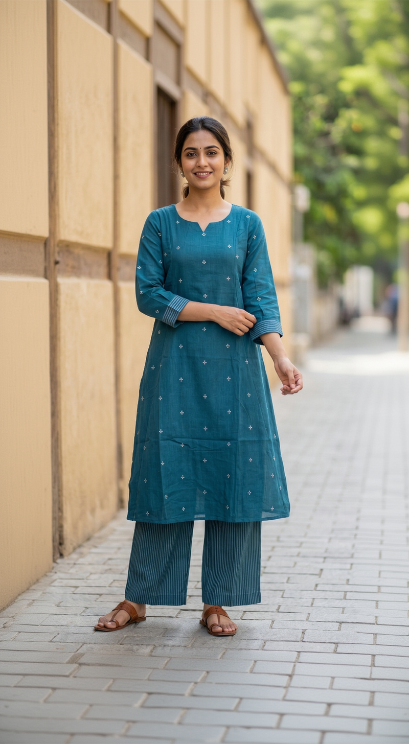Handloom Jamdhani Teal Blue Cotton Kurta Set – Delicate White Motifs with Striped Pants