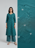 Handloom Jamdhani Teal Blue Cotton Kurta Set – Delicate White Motifs with Striped Pants
