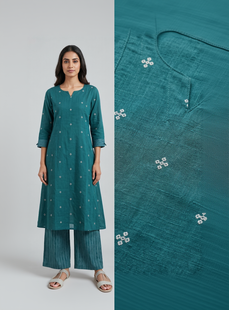 Handloom Jamdhani Teal Blue Cotton Kurta Set – Delicate White Motifs with Striped Pants