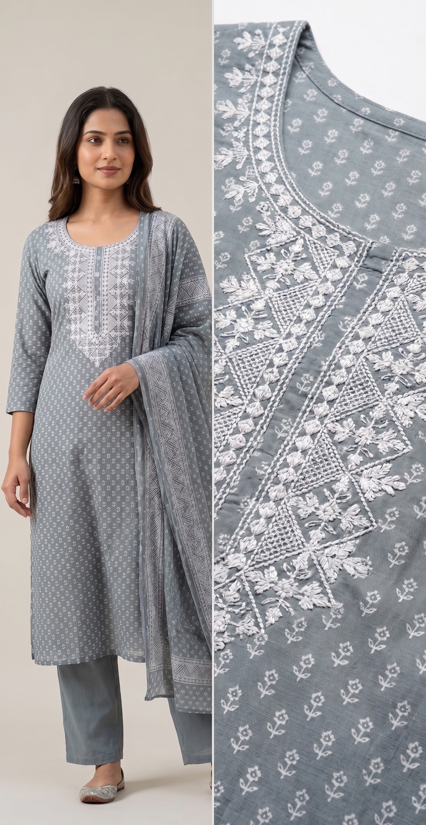Steel Blue Cotton Suit Set – Ornate Threadwork Yoke & Tiny Motif Print – Elegant 3-Piece Ensemble