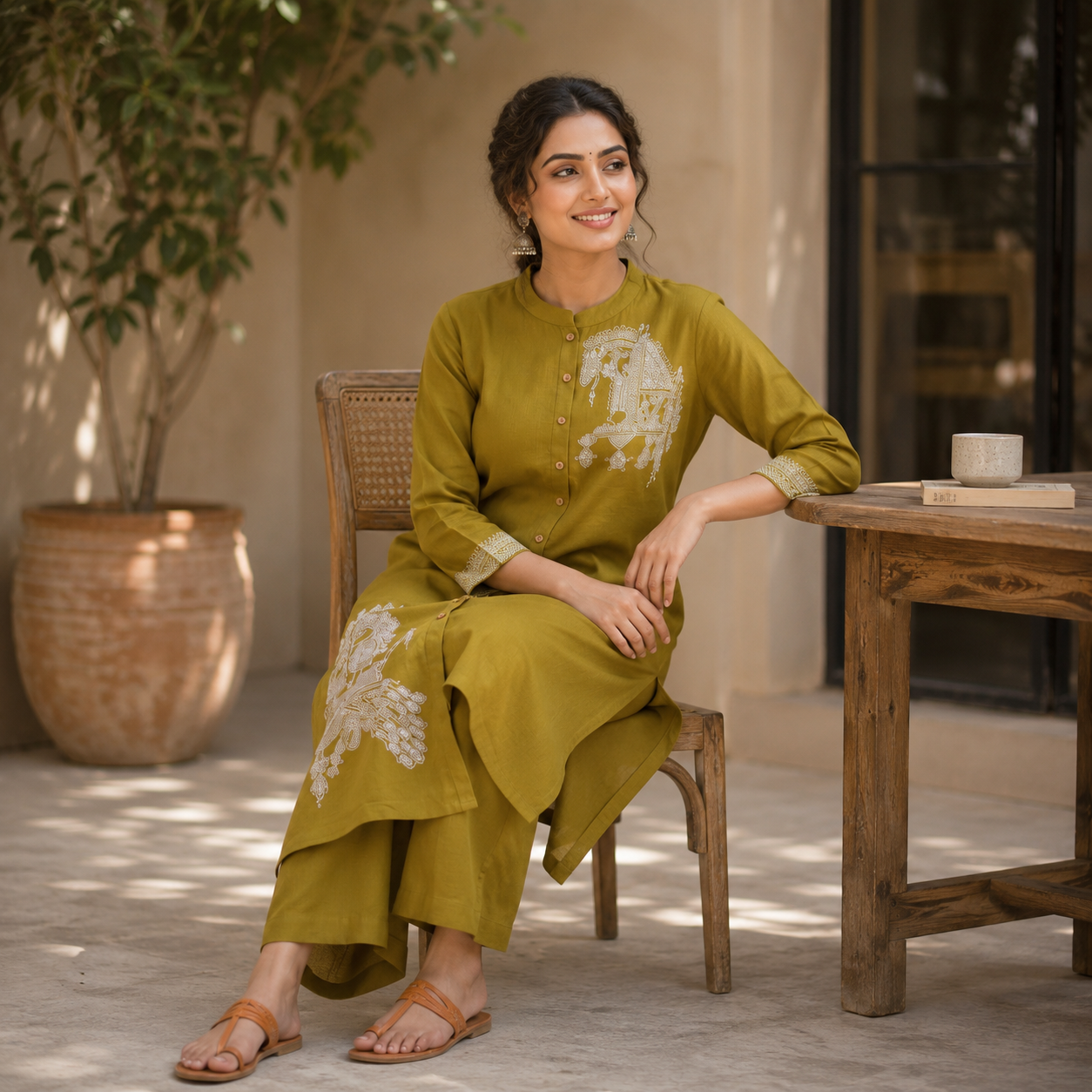 Revanta Olive Green Cotton Co-ord Set – Digital Print Button-Down Kurta with Palazzo Pants
