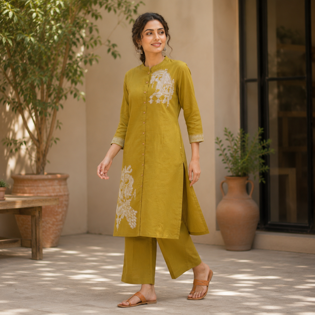 Revanta Olive Green Cotton Co-ord Set – Digital Print Button-Down Kurta with Palazzo Pants
