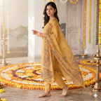 Revanta Golden Mustard Yellow Jamdani 3-Piece Suit – Floral Buti Motifs on Kurta & Dupatta – Elegant Festive Wear