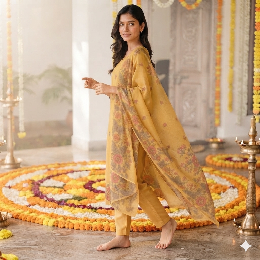 Revanta Golden Mustard Yellow Jamdani 3-Piece Suit – Floral Buti Motifs on Kurta & Dupatta – Elegant Festive Wear
