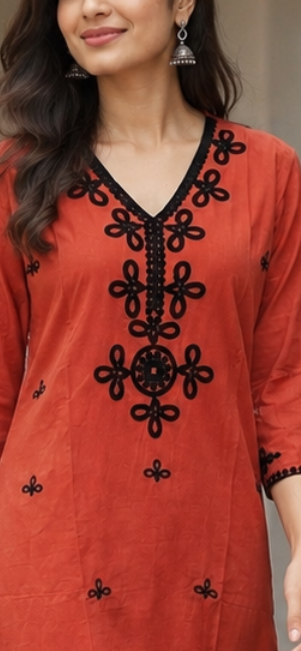 Revanta  Rust Orange Cotton Black Floral Embroidered V-Neck Straight Kurta