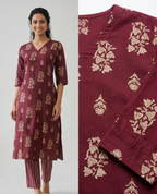 Wine Red Silk Blend Floral Kurta Set with V-Neck and Straight Pants