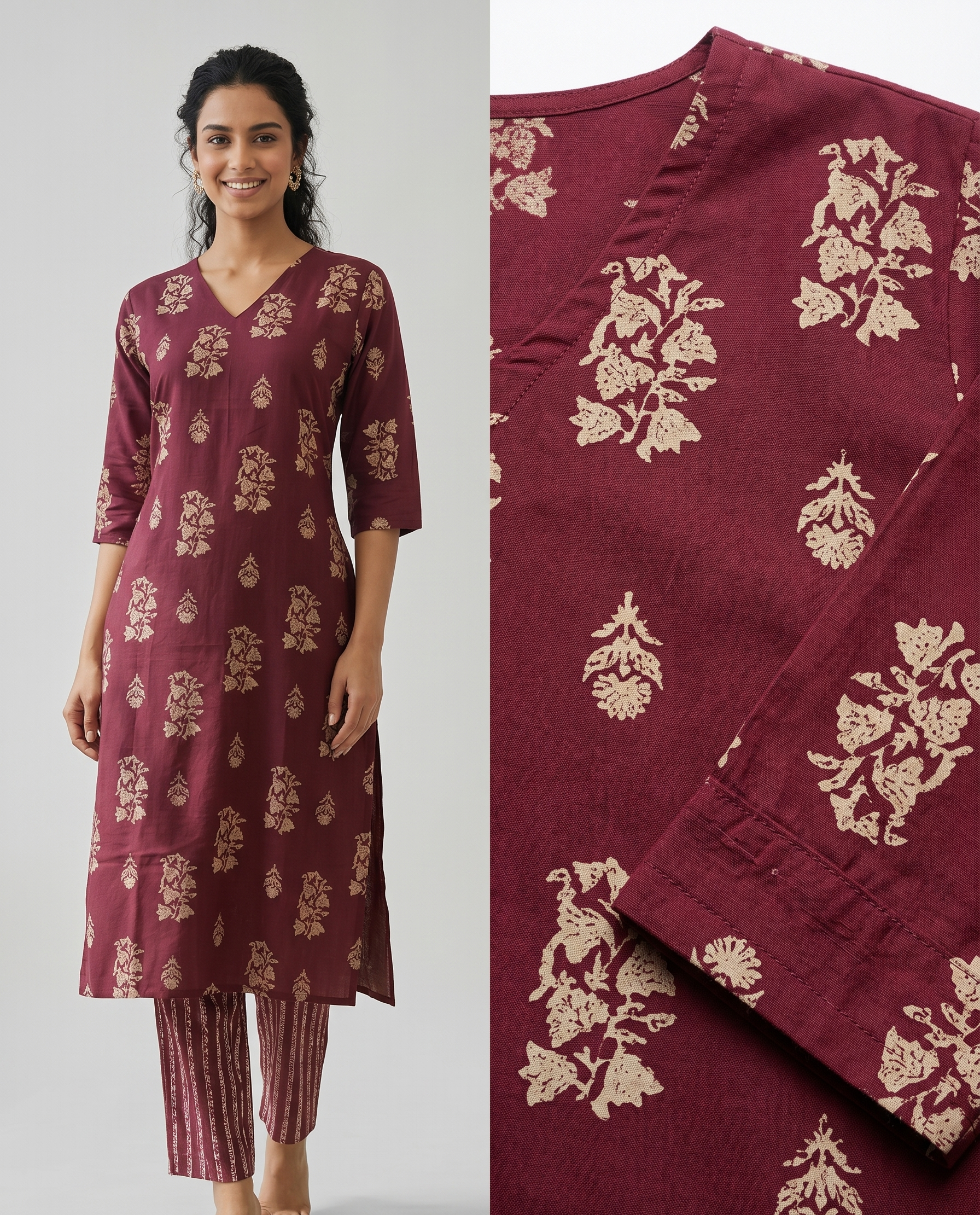 Wine Red Silk Blend Floral Kurta Set with V-Neck and Straight Pants