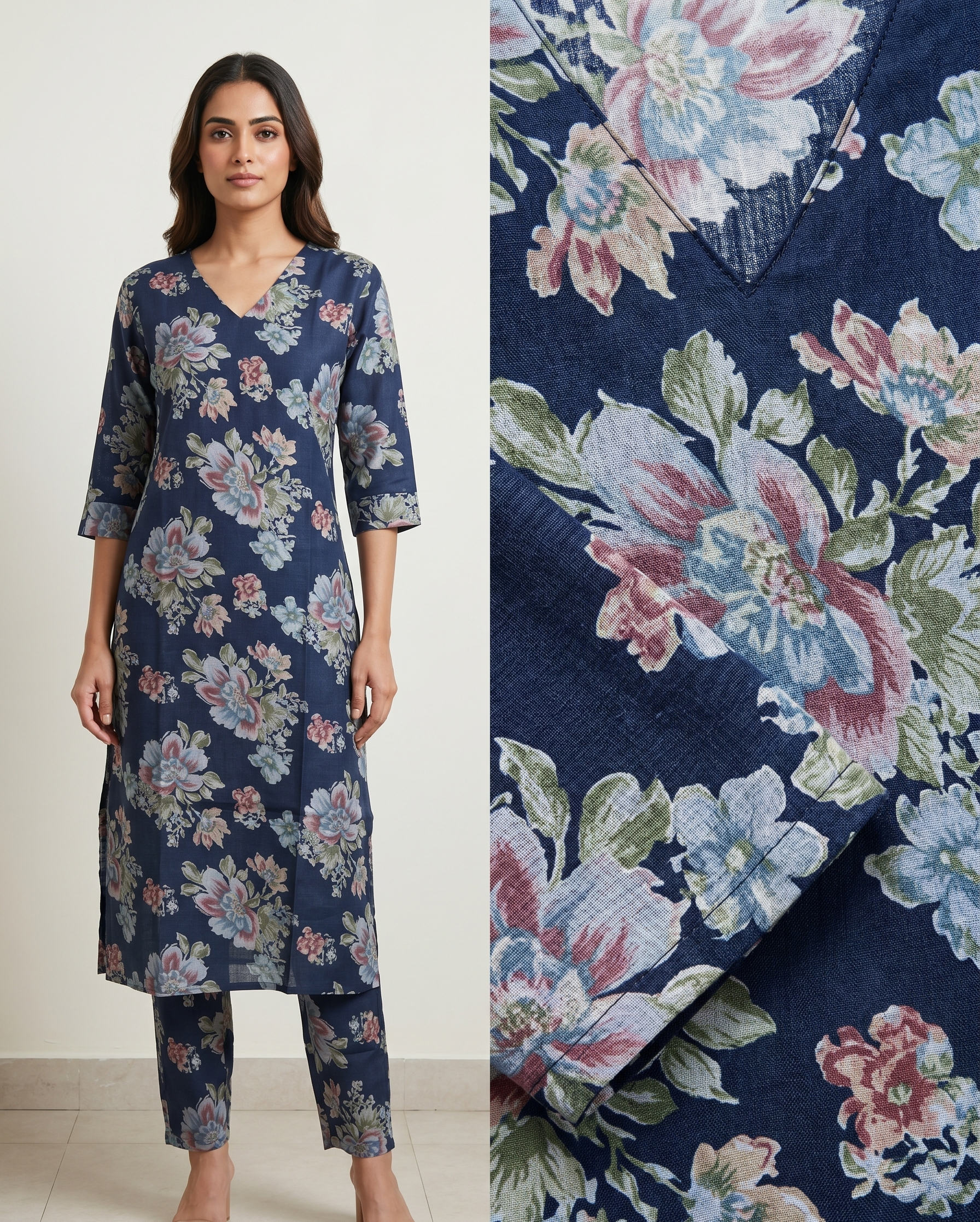 Women's Navy Blue Floral Co-ord Set – Daily Wear Printed Kurta with Matching Pant
