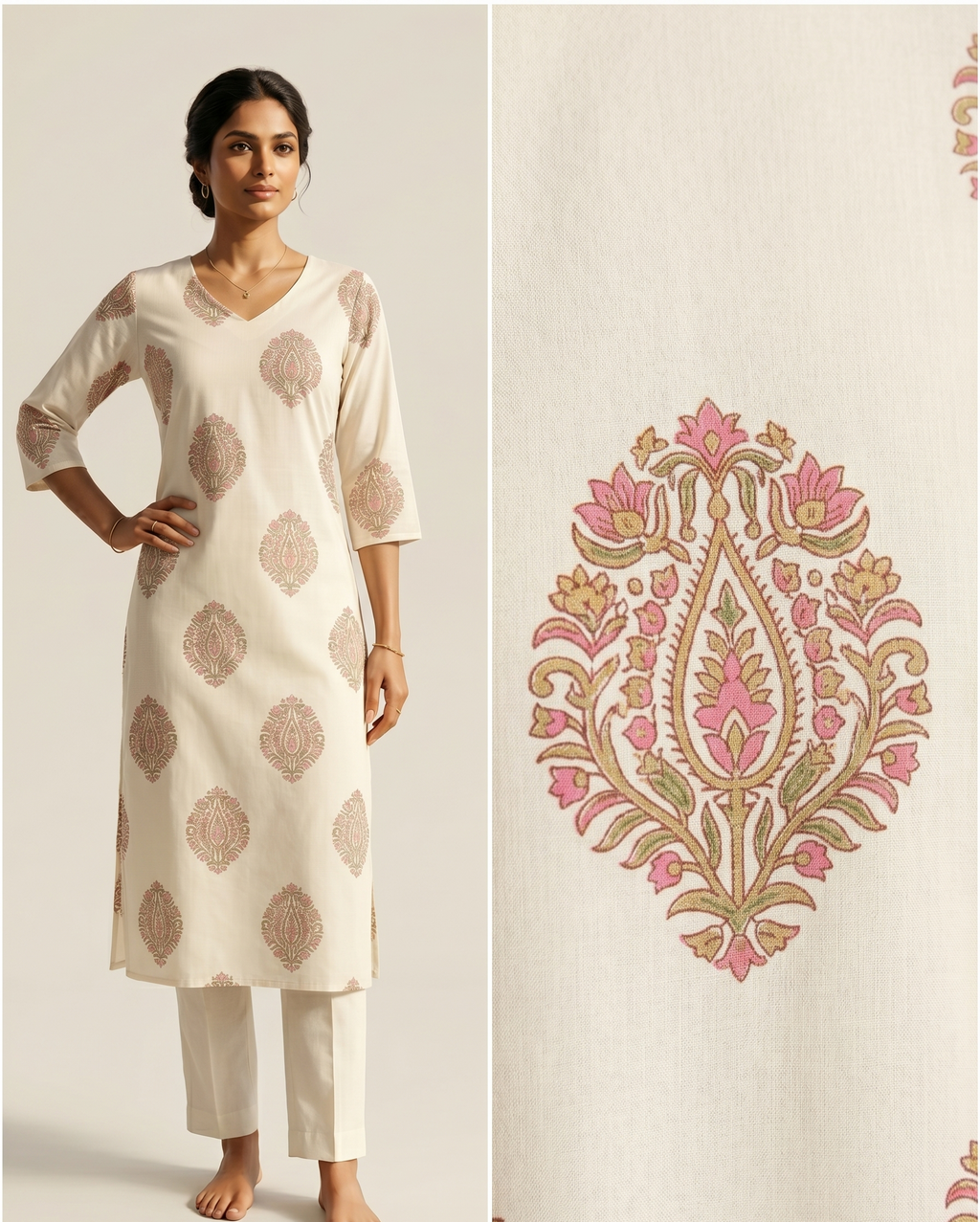 Off White Floral Cotton Kurta – Pink Lotus Motif Print – Elegant V-Neck Daily Wear for Women