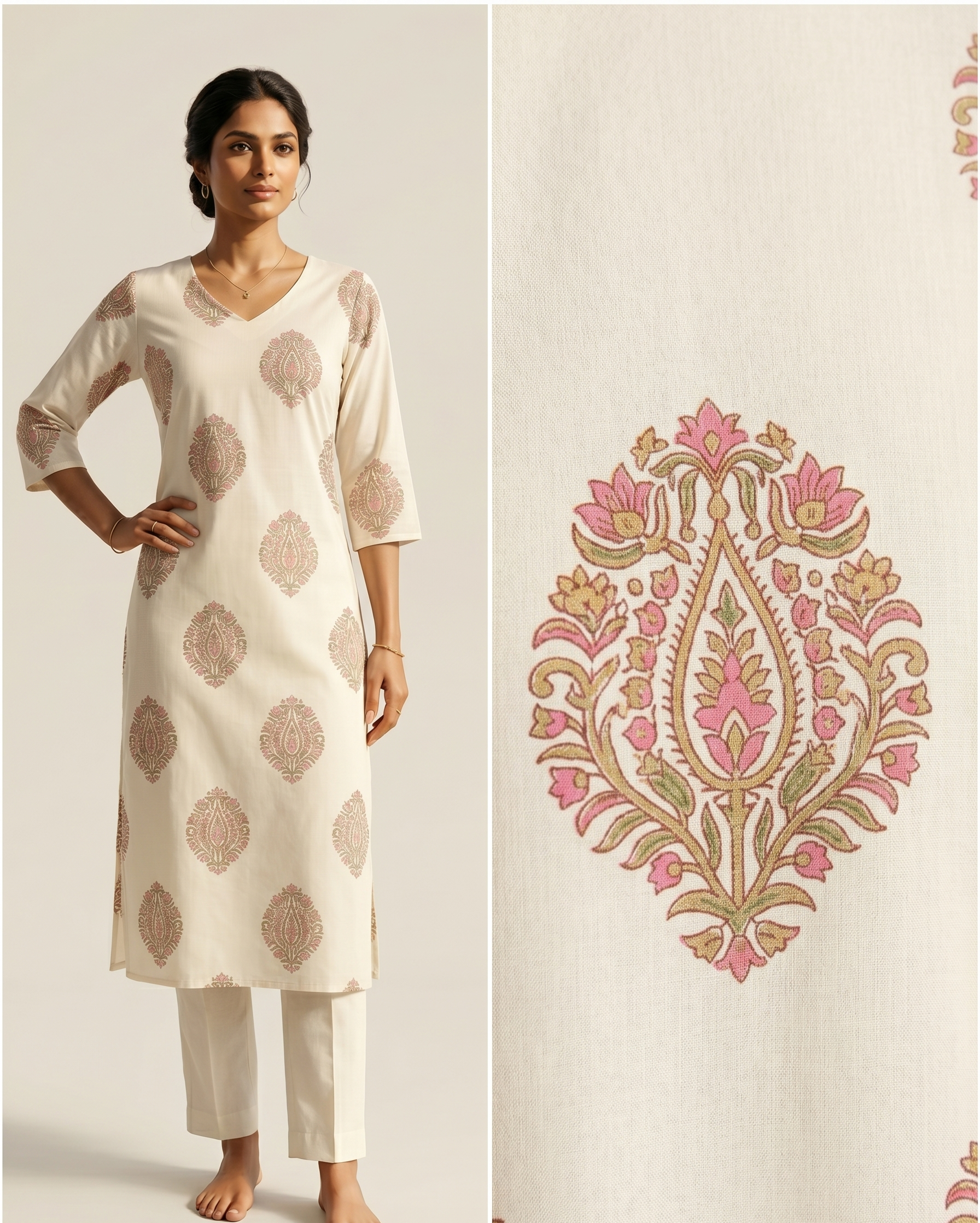 Off White Floral Cotton Kurta – Pink Lotus Motif Print – Elegant V-Neck Daily Wear for Women