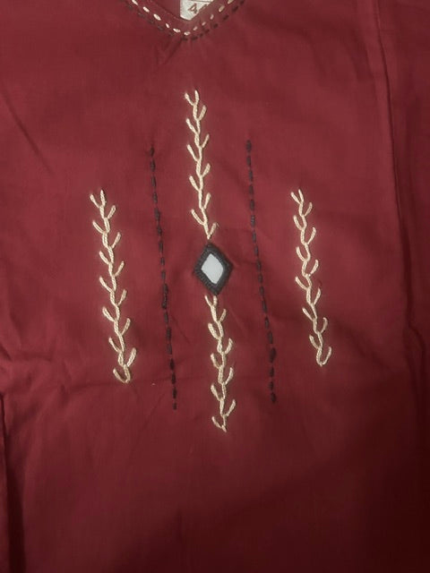 Revanta Maroon Embroidered Kurta Pant Set with Black Printed Dupatta & Mirror work
