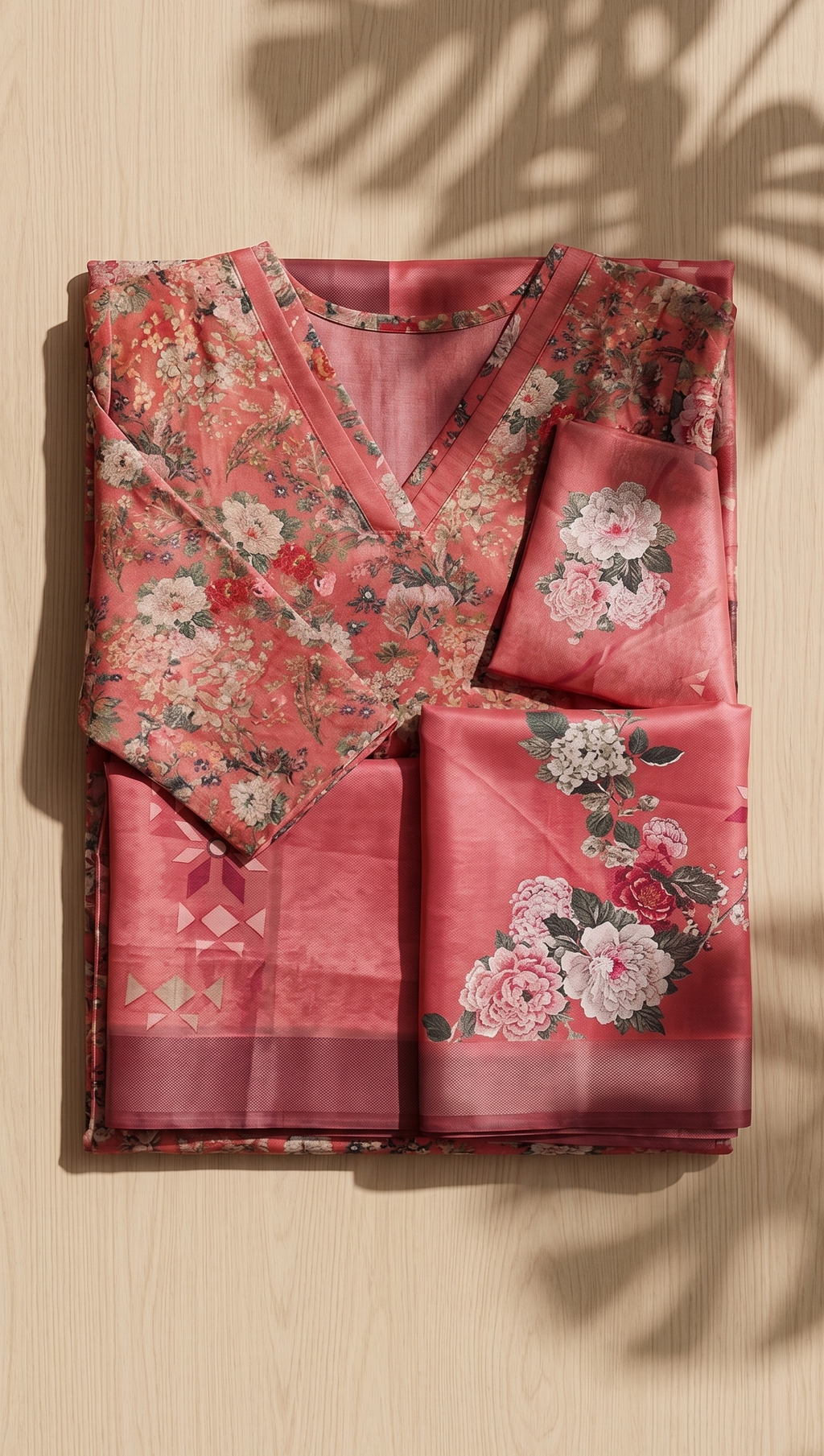Women’s Premium Imported Silk Straight 3-Piece Kurta Set in Antique Gold & Crimson Red – Floral Digital Print