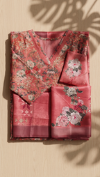 Women’s Premium Imported Silk Straight 3-Piece Kurta Set in Antique Gold & Crimson Red – Floral Digital Print