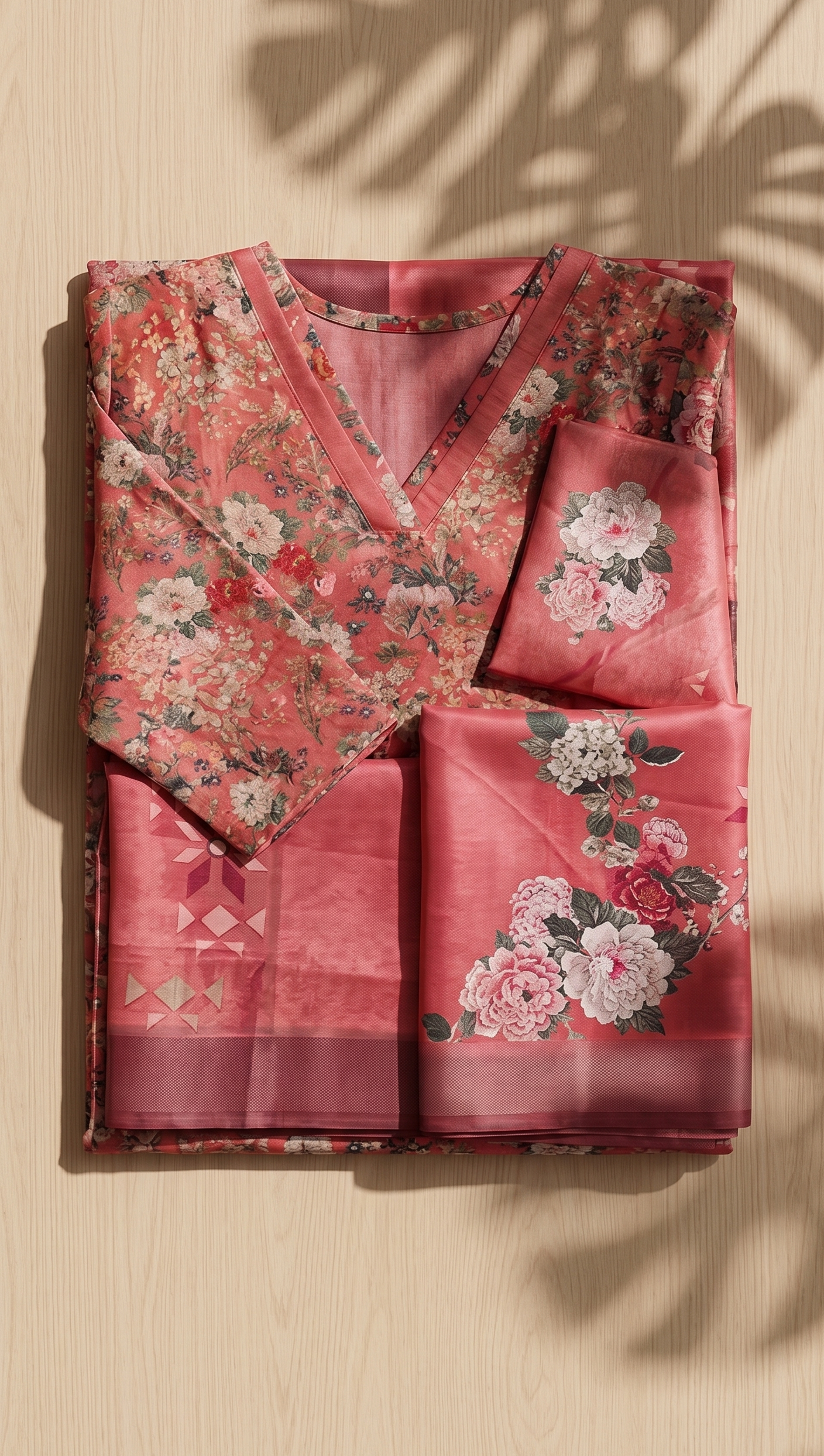 Women’s Premium Imported Silk Straight 3-Piece Kurta Set in Antique Gold & Crimson Red – Floral Digital Print