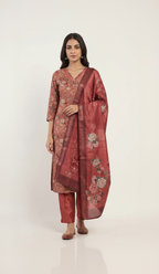Women’s Premium Imported Silk Straight 3-Piece Kurta Set in Antique Gold & Crimson Red – Floral Digital Print