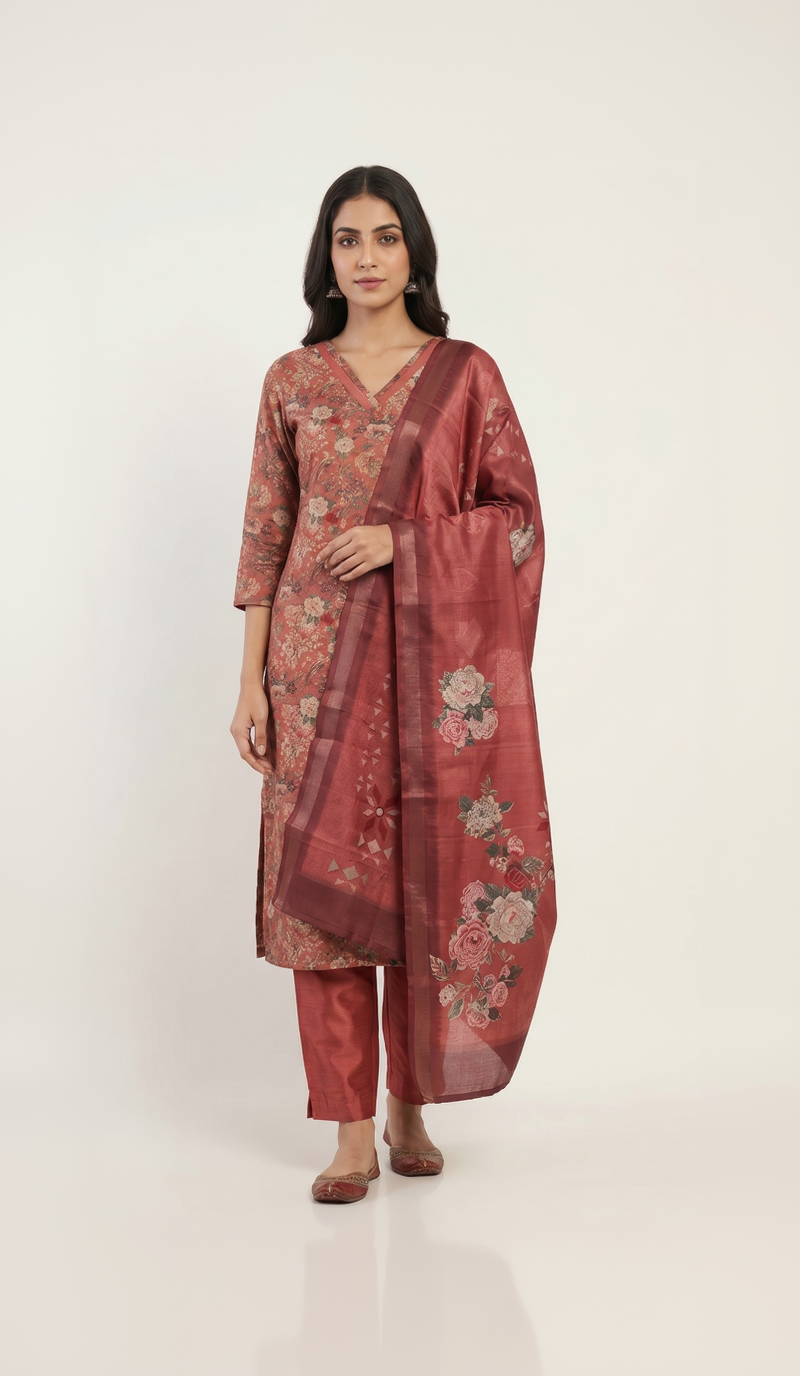 Women’s Premium Imported Silk Straight 3-Piece Kurta Set in Antique Gold & Crimson Red – Floral Digital Print