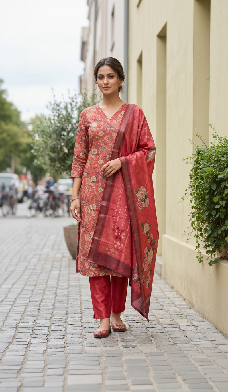 Women’s Premium Imported Silk Straight 3-Piece Kurta Set in Antique Gold & Crimson Red – Floral Digital Print