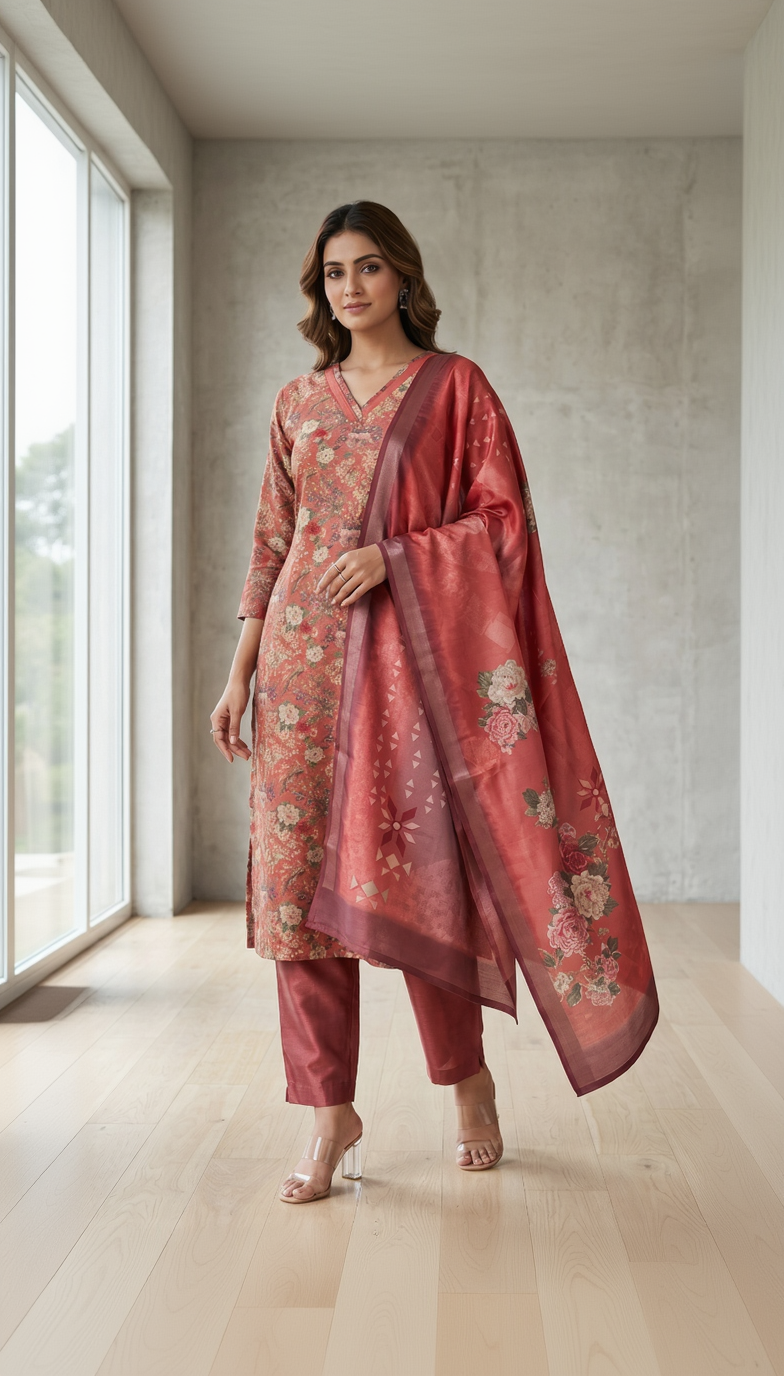 Women’s Premium Imported Silk Straight 3-Piece Kurta Set in Antique Gold & Crimson Red – Floral Digital Print