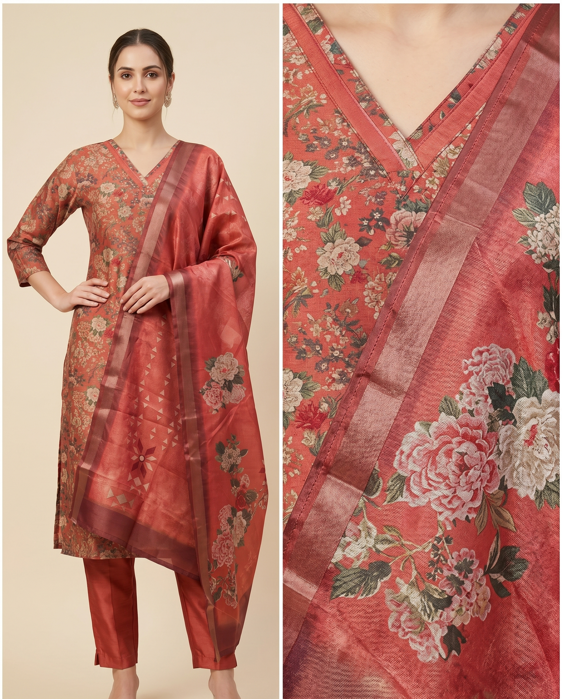 Women’s Premium Imported Silk Straight 3-Piece Kurta Set in Antique Gold & Crimson Red – Floral Digital Print