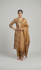 Women’s Premium Imported Silk Straight 3-Piece Kurta Set in Antique Gold & Crimson Red – Floral Digital Print