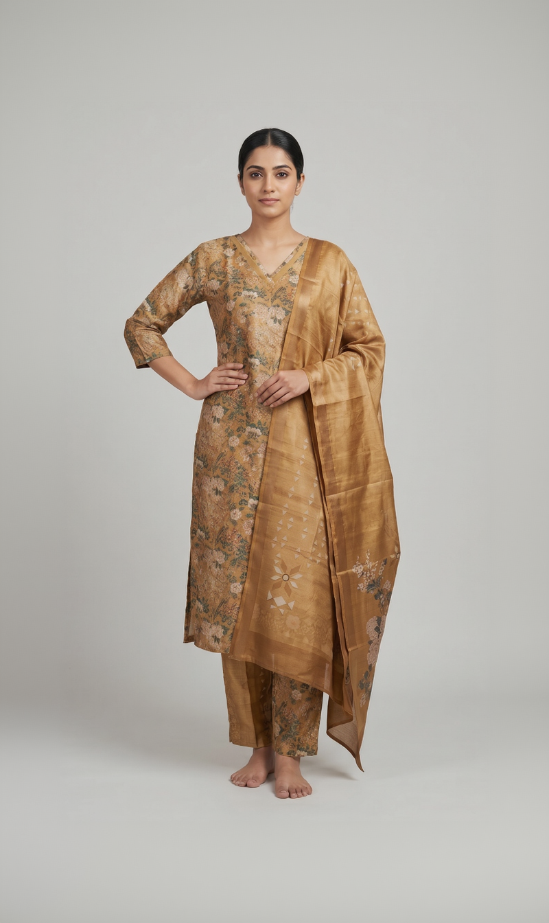 Women’s Premium Imported Silk Straight 3-Piece Kurta Set in Antique Gold & Crimson Red – Floral Digital Print