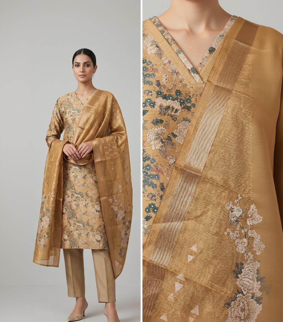 Women’s Premium Imported Silk Straight 3-Piece Kurta Set in Antique Gold & Crimson Red – Floral Digital Print