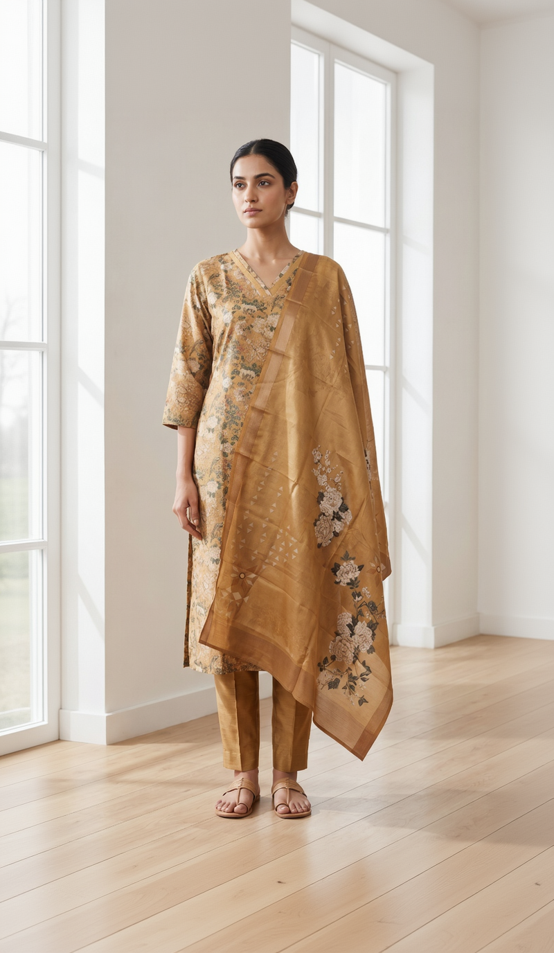 Women’s Premium Imported Silk Straight 3-Piece Kurta Set in Antique Gold & Crimson Red – Floral Digital Print