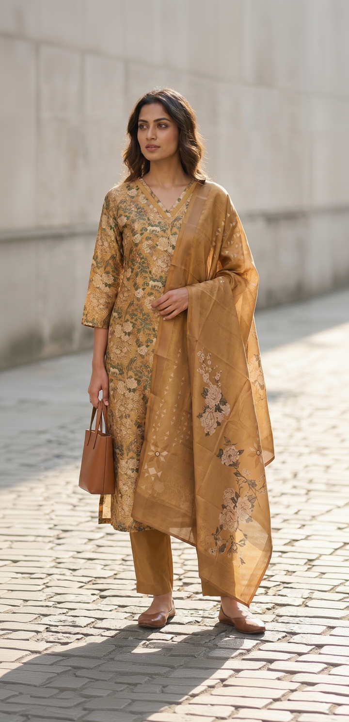Women’s Premium Imported Silk Straight 3-Piece Kurta Set in Antique Gold & Crimson Red – Floral Digital Print