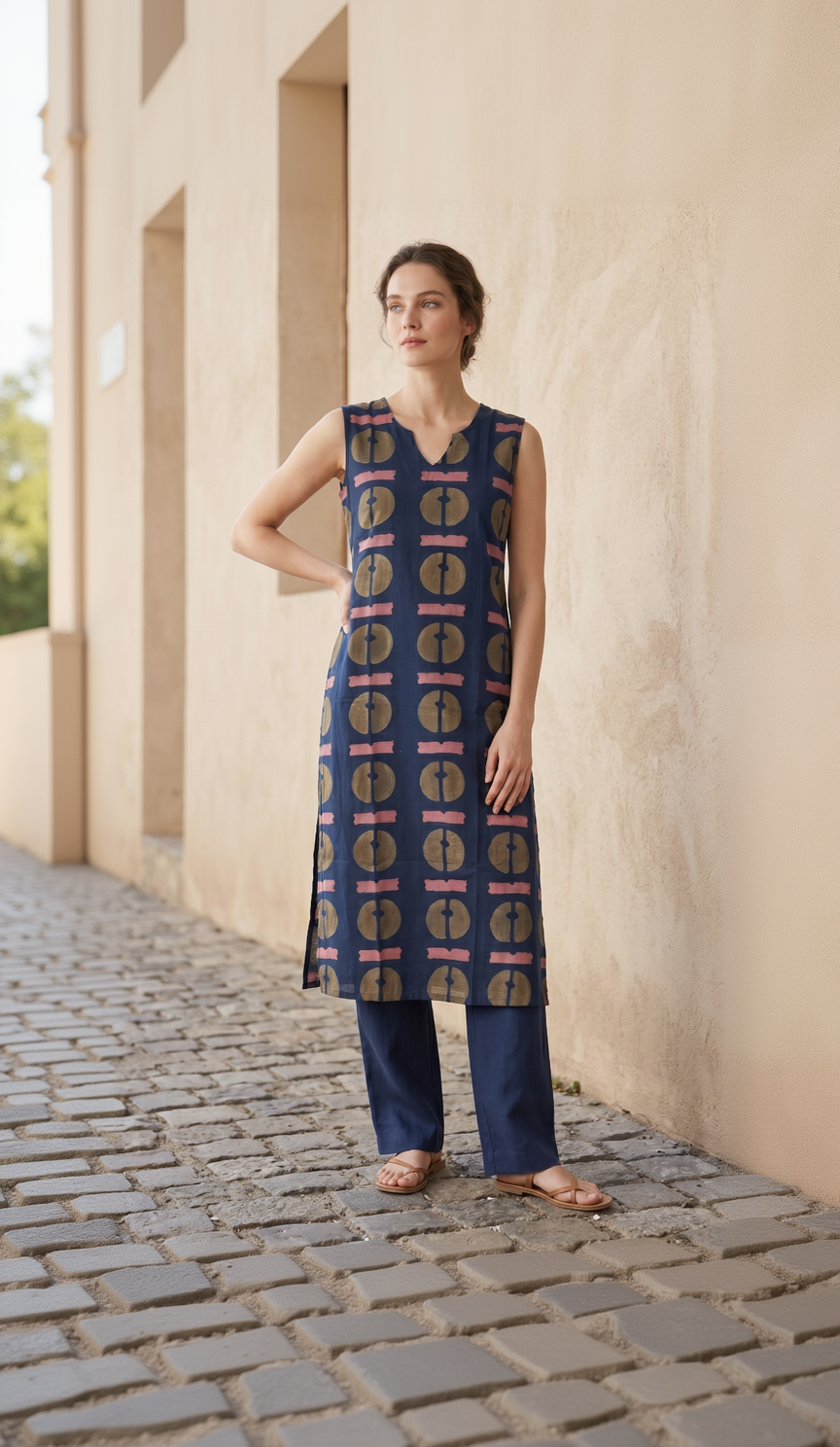 Indigo Blue Cotton Kurta – Crimson Abstract Disk Print – Contemporary Top with Attached Sleeves