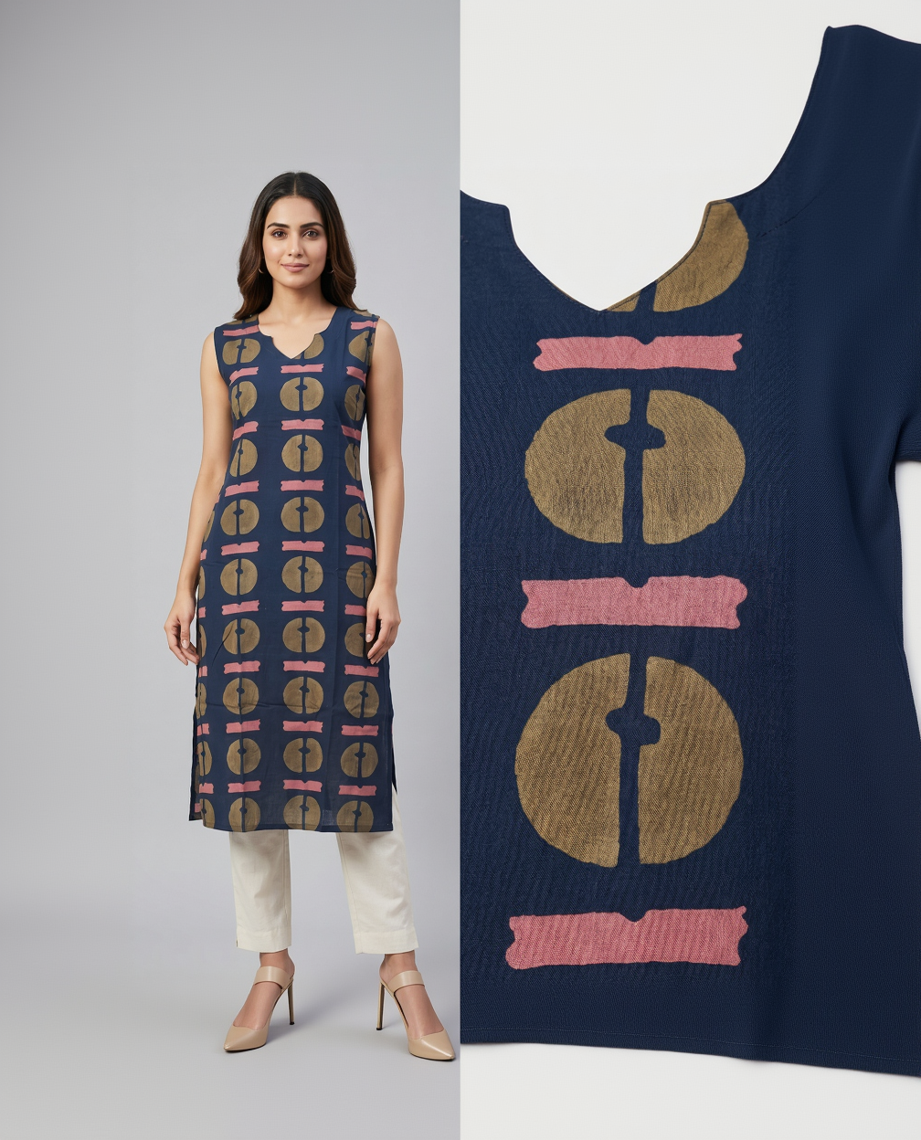 Indigo Blue Cotton Kurta – Crimson Abstract Disk Print – Contemporary Top with Attached Sleeves