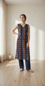Indigo Blue Cotton Kurta – Crimson Abstract Disk Print – Contemporary Top with Attached Sleeves