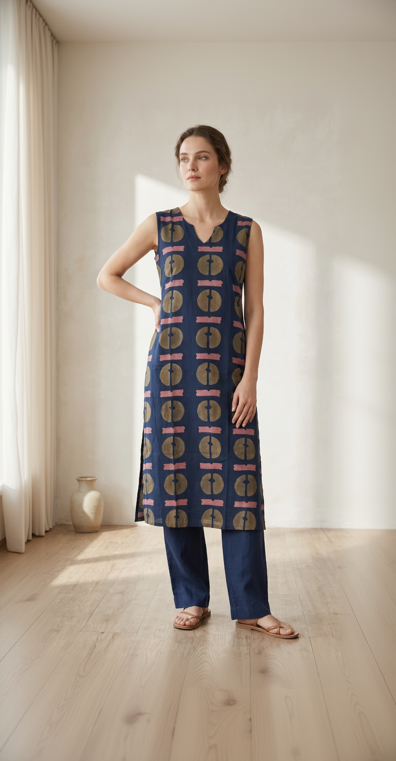Indigo Blue Cotton Kurta – Crimson Abstract Disk Print – Contemporary Top with Attached Sleeves
