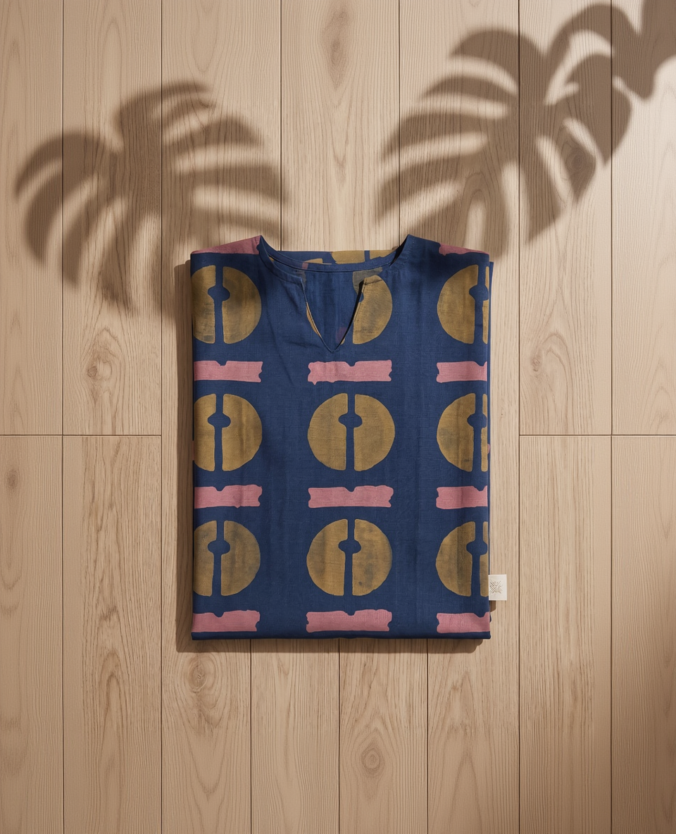Indigo Blue Cotton Kurta – Crimson Abstract Disk Print – Contemporary Top with Attached Sleeves