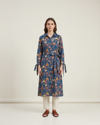Indigo Blue Cotton Slub Shirt Dress – Vintage Floral Print – Tie-Up Sleeve Detail