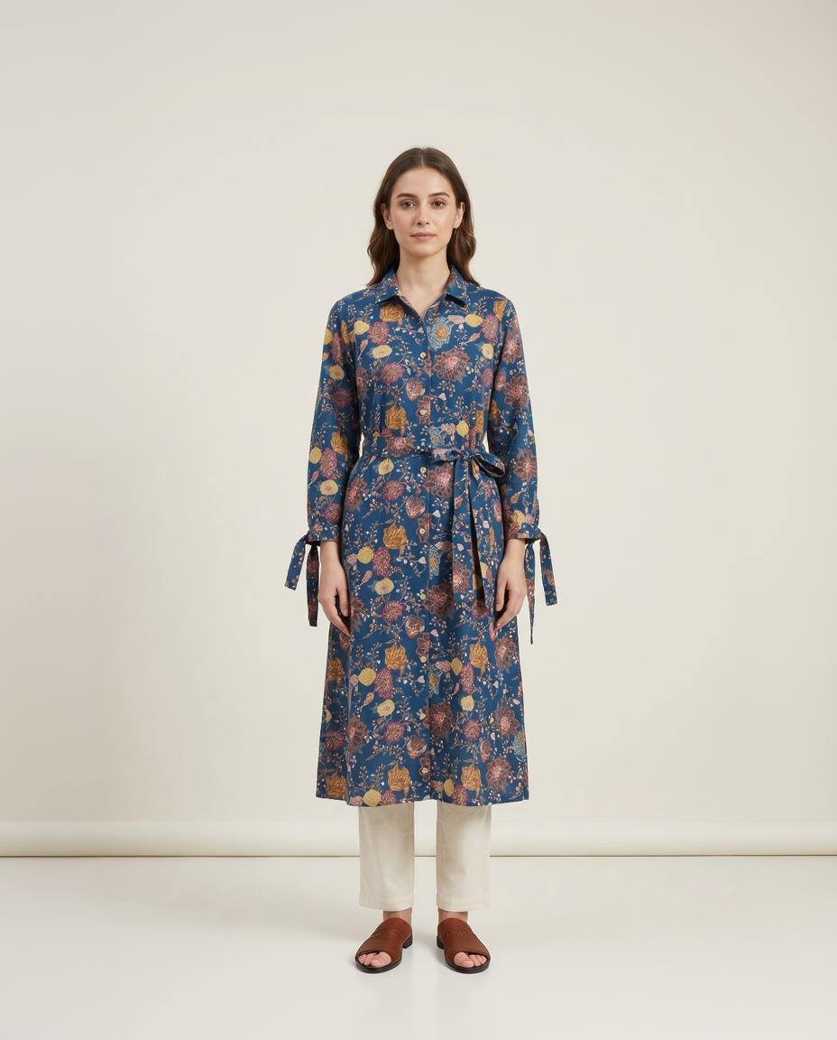 Indigo Blue Cotton Slub Shirt Dress – Vintage Floral Print – Tie-Up Sleeve Detail