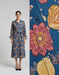 Indigo Blue Cotton Slub Shirt Dress – Vintage Floral Print – Tie-Up Sleeve Detail