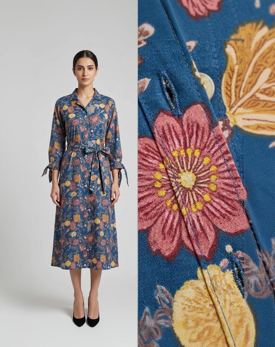Indigo Blue Cotton Slub Shirt Dress – Vintage Floral Print – Tie-Up Sleeve Detail