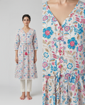 Ivory Floral Cotton Slub Midi Dress – Tassel Tie-Up & Pompom Lace Detail