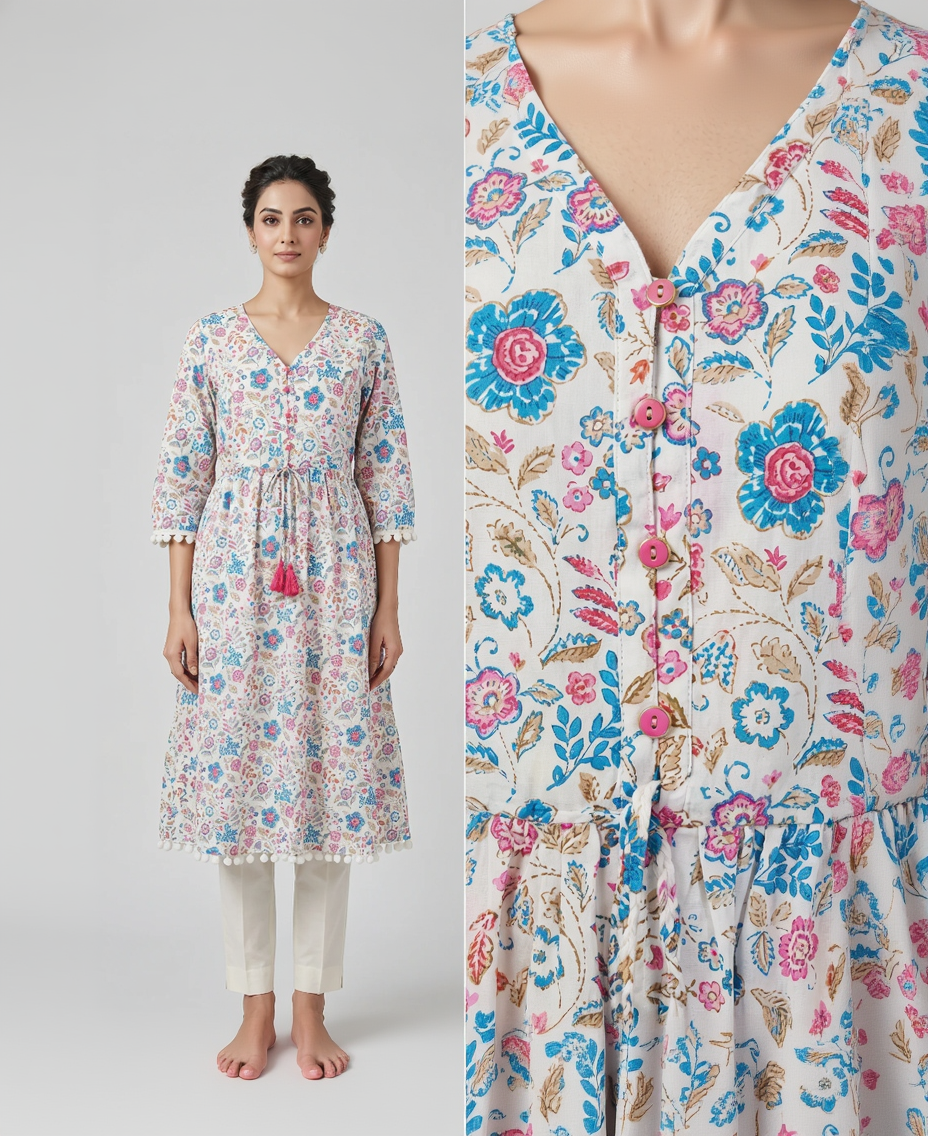 Ivory Floral Cotton Slub Midi Dress – Tassel Tie-Up & Pompom Lace Detail