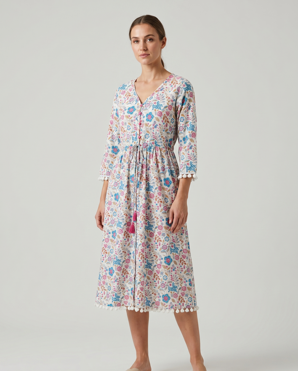 Ivory Floral Cotton Slub Midi Dress – Tassel Tie-Up & Pompom Lace Detail