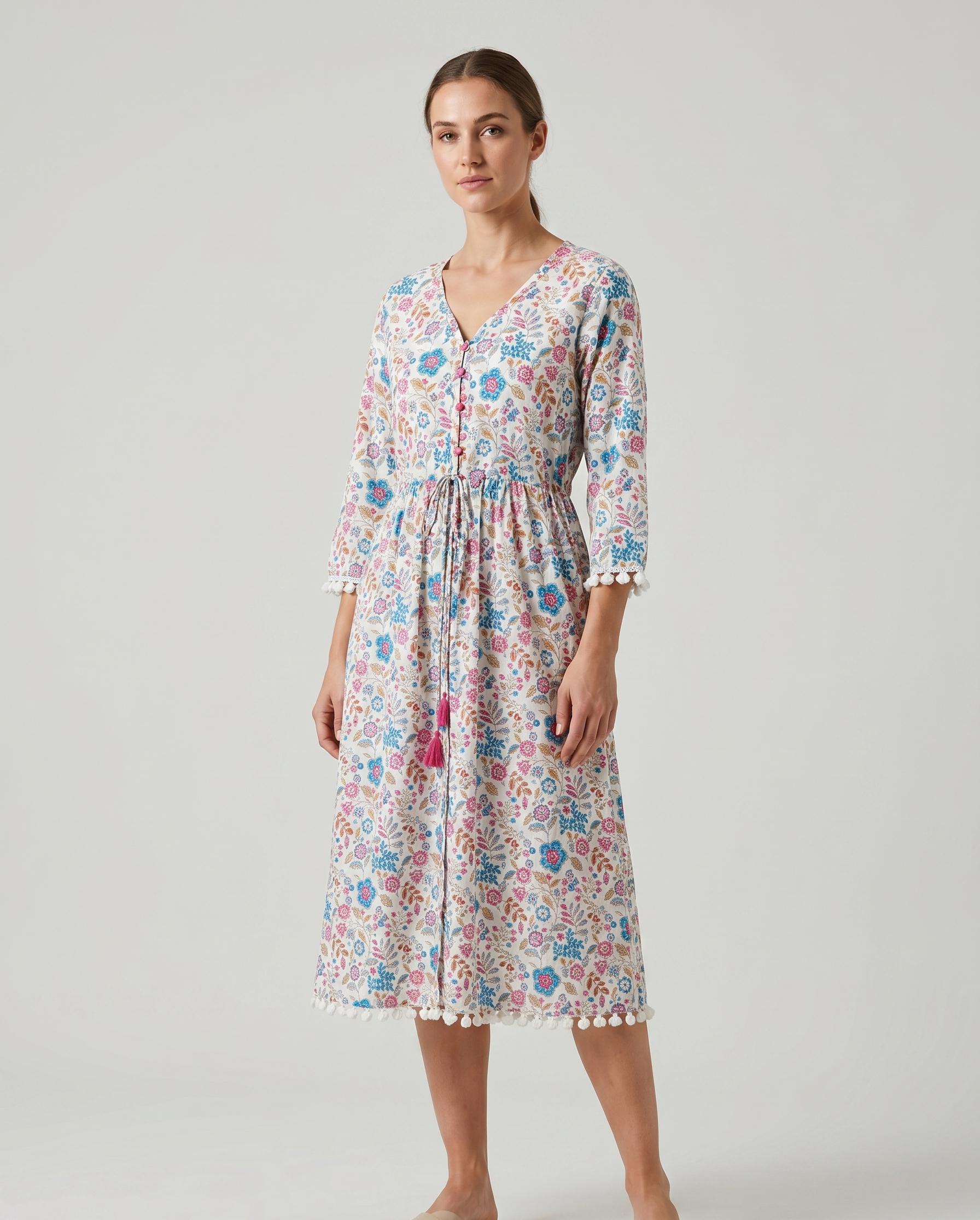 Ivory Floral Cotton Slub Midi Dress – Tassel Tie-Up & Pompom Lace Detail